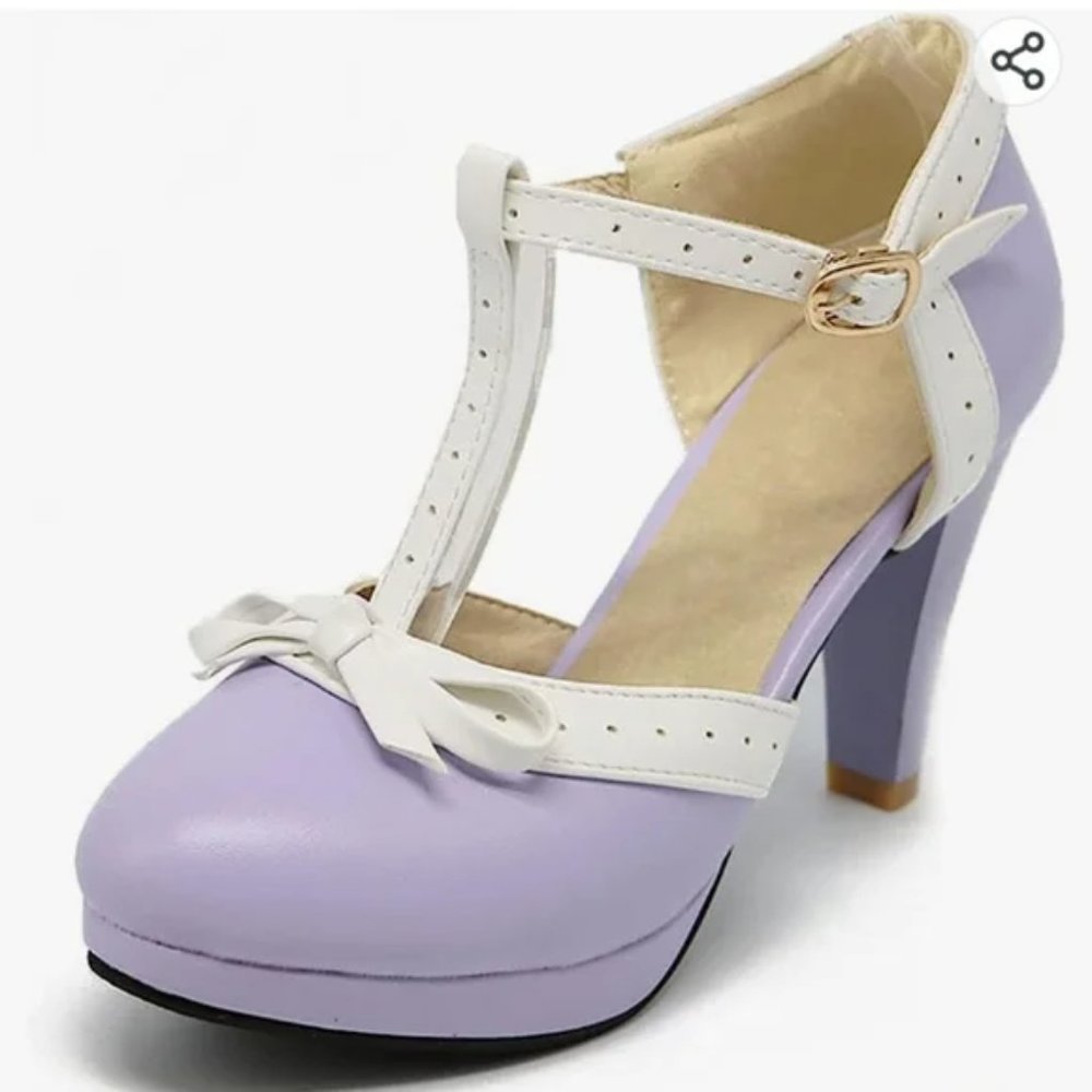 Lavender and White T Strap Lolita Pin Up Heels Size 46 (US 12.5) EUC